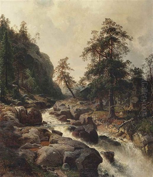 Fishing By The Waterfall Oil Painting by Edward (Johan-Edvard) Bergh