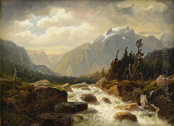 Alplandskap Med Vattenfall Oil Painting by Edward (Johan-Edvard) Bergh