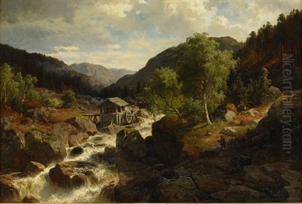 Vattenfall - Motiv Fran Dalarna Oil Painting by Edward (Johan-Edvard) Bergh