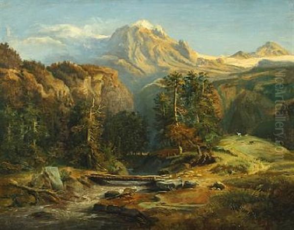 Mountainscape With A Bridge Over A River, In The Background Snow-covered Mountains Oil Painting by Edward (Johan-Edvard) Bergh