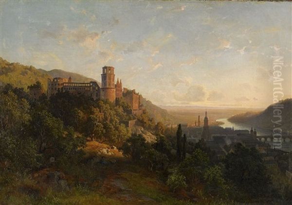 Sydlandskt Berglandskap Med Borgruin Och Utsikt Mot Staden Oil Painting by Edward (Johan-Edvard) Bergh