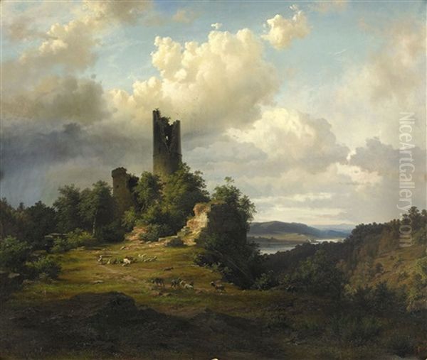 Ruinerna Av Slottet Reineck Vid Rehn Oil Painting by Edward (Johan-Edvard) Bergh