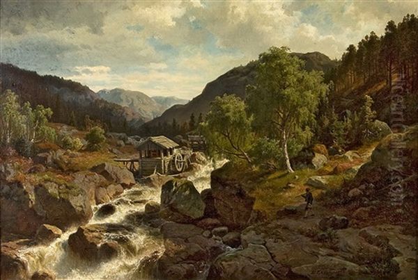 Romantiserat Landskap Fran Dalarna Med Fors, Sagverk Och Fiskare Oil Painting by Edward (Johan-Edvard) Bergh