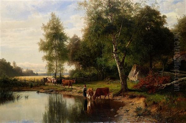 Landskap Med Kor Och Vallflicka Oil Painting by Edward (Johan-Edvard) Bergh