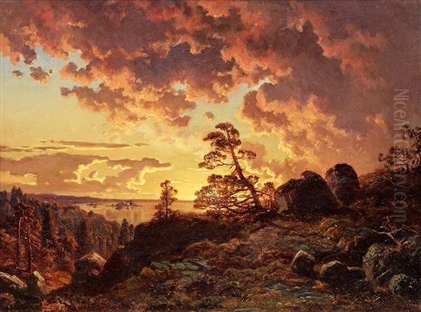 Solnedgang Over Fjarden Oil Painting by Edward (Johan-Edvard) Bergh