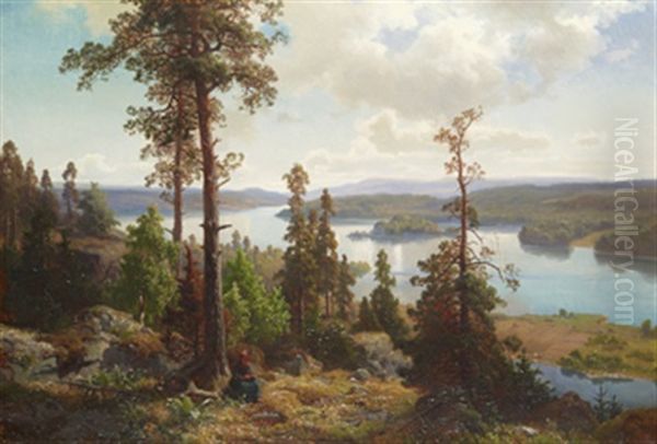 Insjolandskap Med Rastande Kvinna Oil Painting by Edward (Johan-Edvard) Bergh