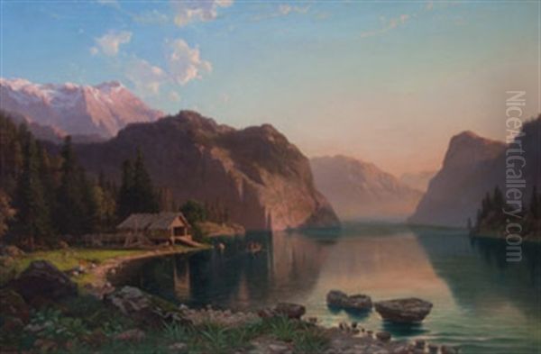 Insjolandskap Med Berg Oil Painting by Edward (Johan-Edvard) Bergh