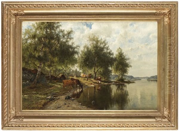 Sommarlandskap Med Kor Oil Painting by Edward (Johan-Edvard) Bergh