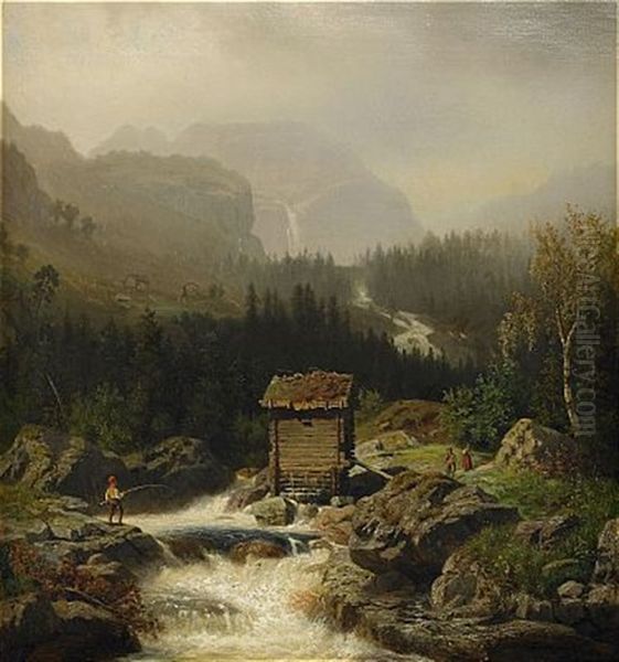 Nordiskt Bergslandskap Med Fors Oil Painting by Edward (Johan-Edvard) Bergh