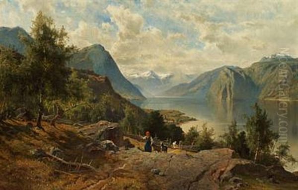 Summer Day In The Mountains, A Young Girl Walking In The Hills With Her Goats Oil Painting by Edward (Johan-Edvard) Bergh