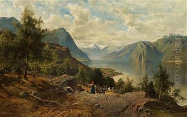 Summer's Day In Norway, A Young Girl Is Walking In The Hills With Her Goats Oil Painting by Edward (Johan-Edvard) Bergh