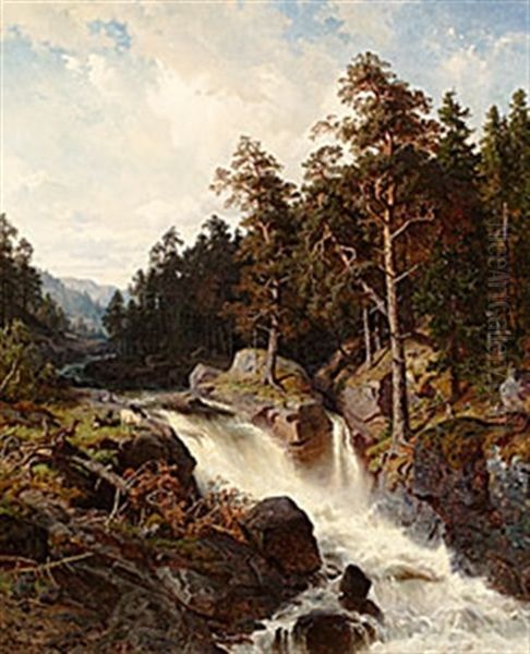 Skogslandskap Med Brusande Fors Oil Painting by Edward (Johan-Edvard) Bergh