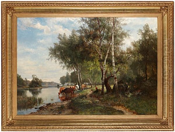 Sommarlandskap Med Boskap Oil Painting by Edward (Johan-Edvard) Bergh