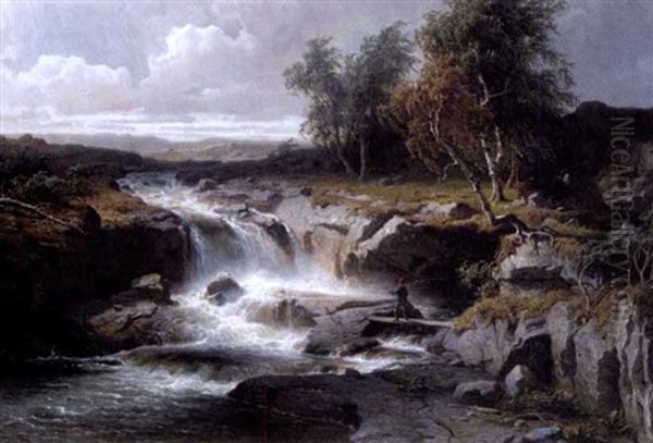 An Angler By A Waterfall Oil Painting by Edward (Johan-Edvard) Bergh