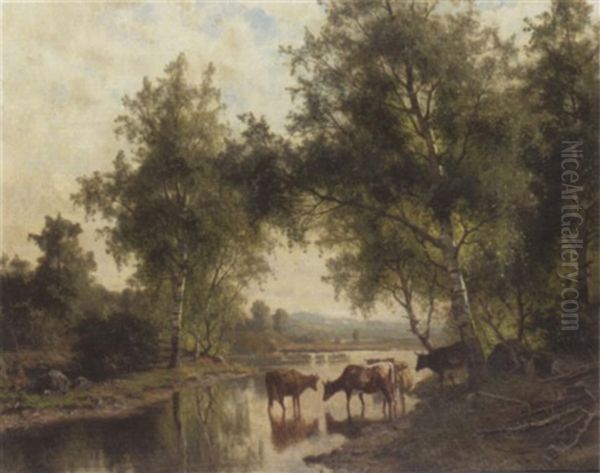 Cows Watering Oil Painting by Edward (Johan-Edvard) Bergh