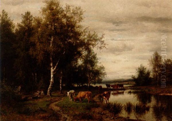 Pastoralt Landskap Med Kor Vid Vattendrag Oil Painting by Edward (Johan-Edvard) Bergh