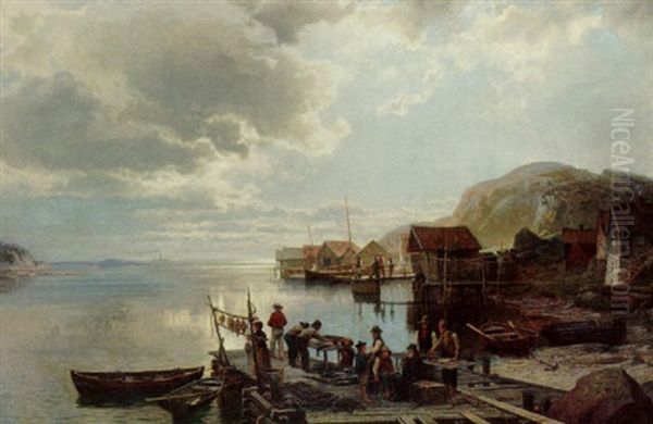 Fiskelage I Soldis Oil Painting by Edward (Johan-Edvard) Bergh