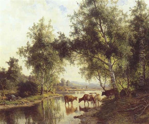 Koer Ved En Svensk Skovso Oil Painting by Edward (Johan-Edvard) Bergh