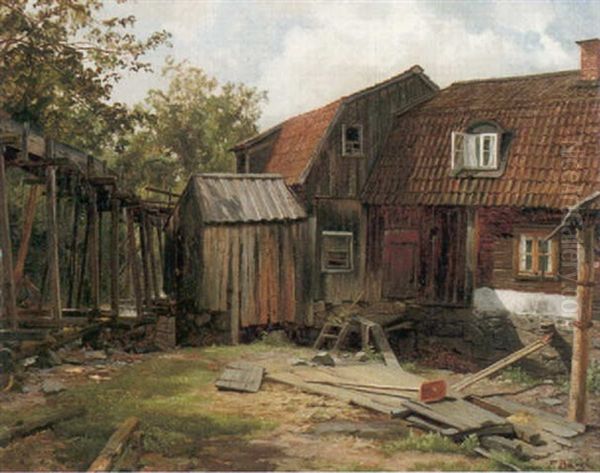 Solbelyst Gardsexterior Oil Painting by Edward (Johan-Edvard) Bergh