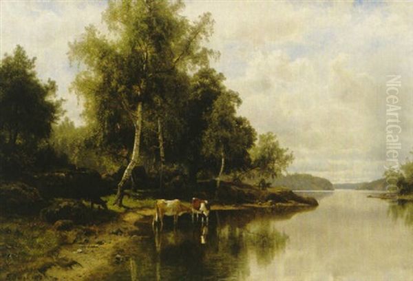 Insjolandskap Med Kor Oil Painting by Edward (Johan-Edvard) Bergh