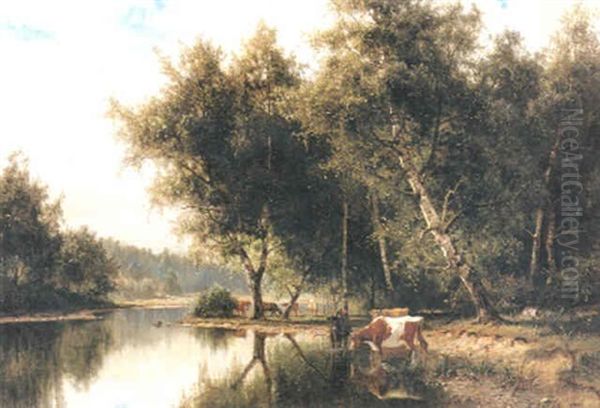 Insjolandskap Med Betande Och Drickande Kor Oil Painting by Edward (Johan-Edvard) Bergh