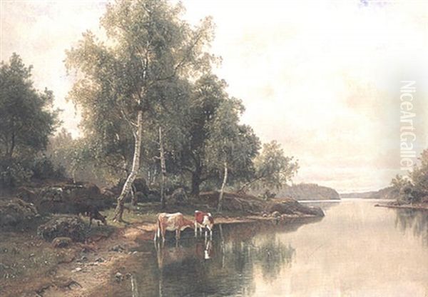 Insjovik Med Kor Oil Painting by Edward (Johan-Edvard) Bergh