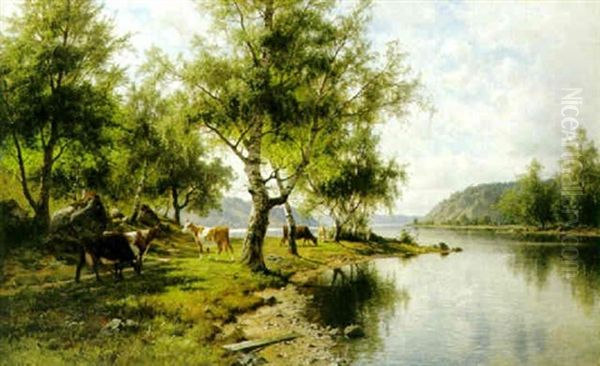 Insjovik Med Kor Oil Painting by Edward (Johan-Edvard) Bergh