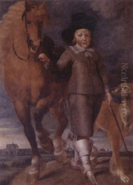 Portrait Of A Boy Standing In A Landscape, The Town Of Alkmaar In The Distance Oil Painting by Matthijs van den Bergh