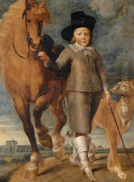 Portrait Of A Young Boy Standing In A Landscape With A Horse And A Dog, The Town Of Alkmaar In The Distance Oil Painting by Matthijs van den Bergh