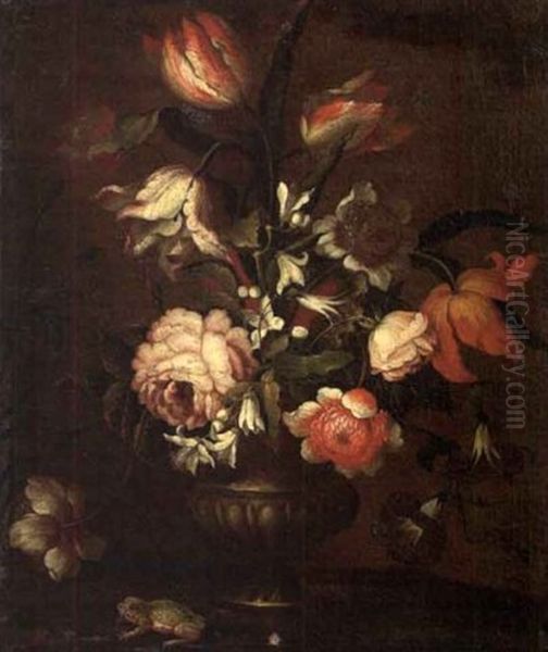 Bouquet De Fleurs Et Grenouille Oil Painting by Nicolas Van Den Bergh