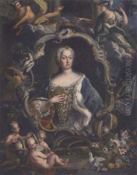 Portrait Of Maria Sobieska In A Cartouche Surrounded By Mercury, Minerva, Three Putti Symbolizing The Arts And A Still Life Of Flowers And Fruit Oil Painting by Nicolas Van Den Bergh