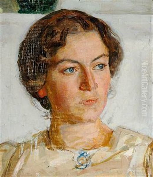 Portrait Of Painter Viggo Johansen's Daughter Bodil Faber Oil Painting by Richard (Sven R.) Bergh