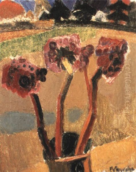 Vase Fleuri Sur Fond De Paysage A Laethem Oil Painting by Frits Van Den Berghe