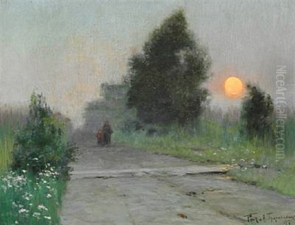 Russian Evening Landscape With Mother And Child On A Country Road At Sunset Oil Painting by Richard Alexandrovich Bergholz