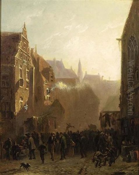 A Market Scene In A Street, Groningen Oil Painting by Syboldt Berghuis