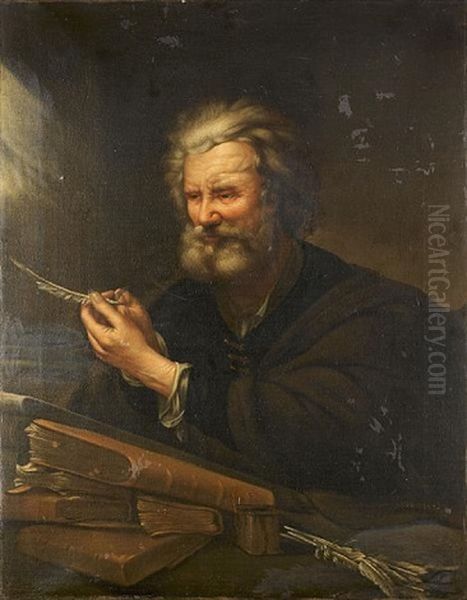 An Elderly Man Seated At A Desk Making A Quill Oil Painting by Josef Bergler the Younger