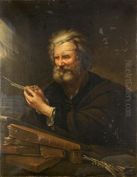 An Elderly Man Making A Quill Oil Painting by Josef Bergler the Younger