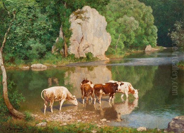 Die Tranke (the Trough) Oil Painting by Julius Hugo Bergmann