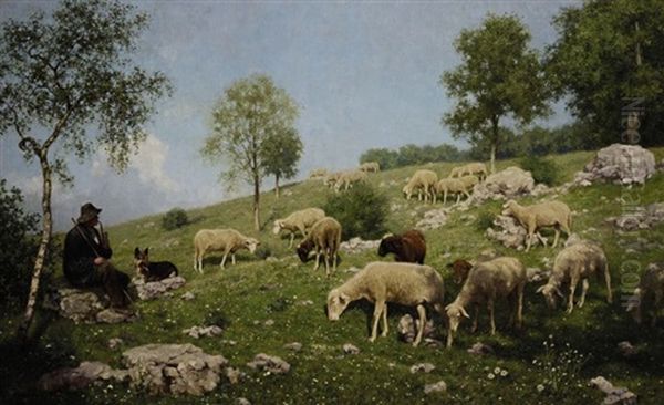 Schafer Mit Herde Auf Sonniger Wiese Oil Painting by Julius Hugo Bergmann