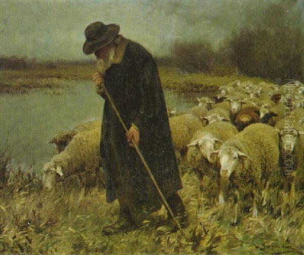 Schafer Mit Seiner Herde Am Ufer Eines Teiches Oil Painting by Julius Hugo Bergmann