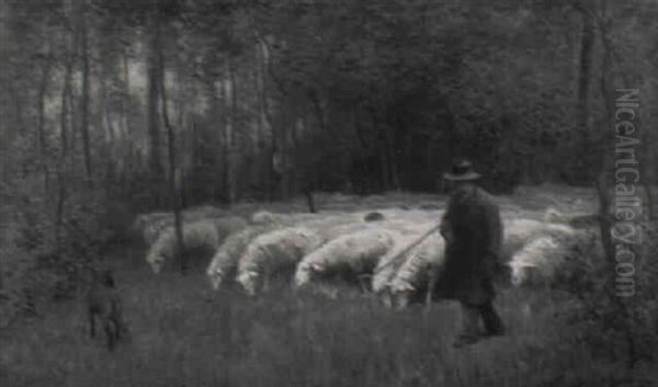 Schafer Mit Herde Im Wald Oil Painting by Julius Hugo Bergmann