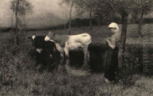 Kuhe In Einer Wasserstelle, Von Einer Jungen Hirtin Bewacht Oil Painting by Julius Hugo Bergmann