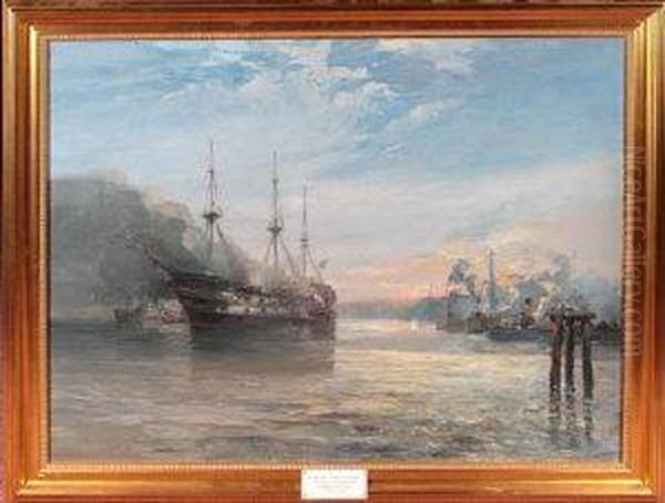 The Wellesley On Fire In North Shields Harbour Oil Painting by George Charles Aid