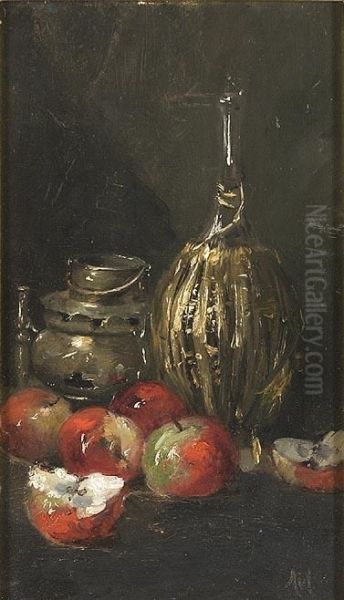 Still Life With Winebottle And Apples. Oil Painting by George Charles Aid