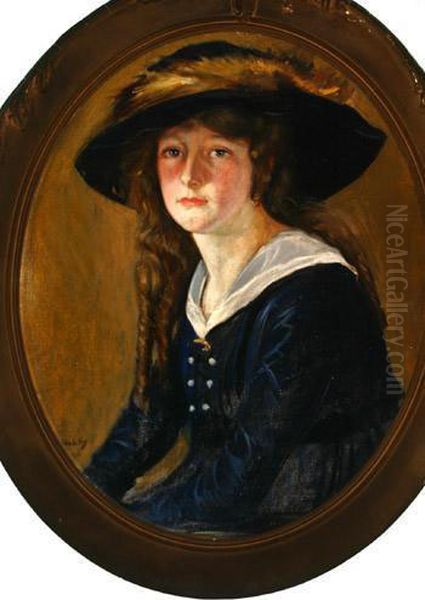 Portrait Of A Young Woman Wearing A Blue Dress And Fur-trimmed Hat Oil Painting by George Charles Aid