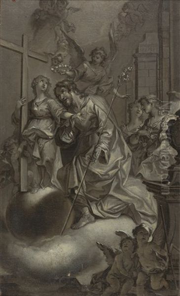 Der Heilige Joseph Mit Dem Bluhenden Reis, Kniend Vor Engeln Oil Painting by Johann Georg Bergmuller