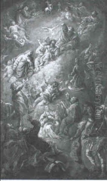 Die Anbetung Der Heiligen Dreifaltigkeit Durch Zahlreiche   Heilige Oil Painting by Johann Georg Bergmuller