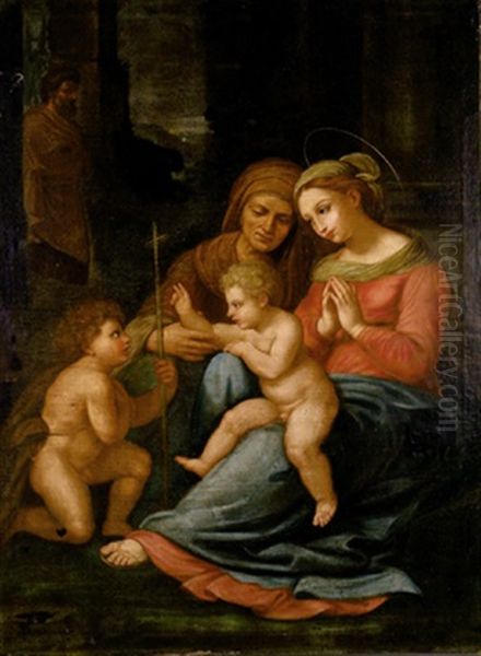 La Sacra Famiglia Con Sant Anna E Il Giovannino (after Raffaello) Oil Painting by Lorenzo Bergonzoni