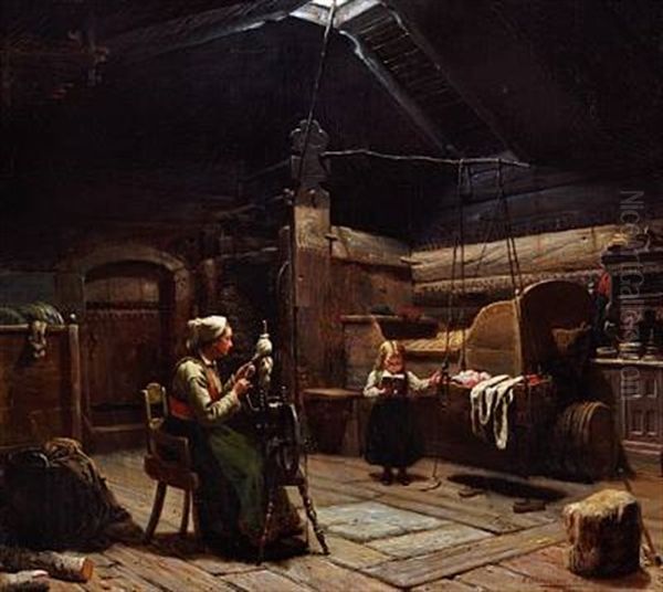 Interior From A Norwegian Hut With A Mother At The Spinning Wheel And A Girl Rocking Her Little Brother Oil Painting by Knud Larsen Bergslien