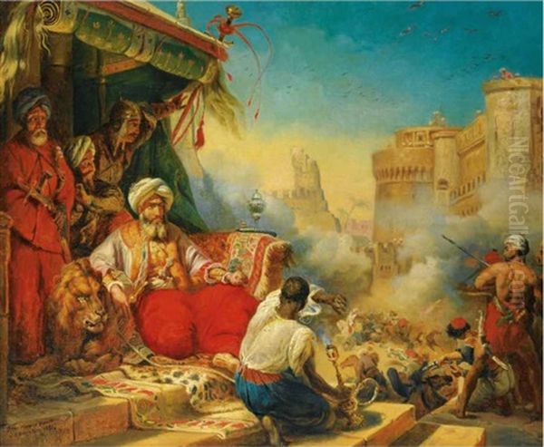 Massacre Des Mamelucks Dans Le Chateau Du Caire En 1811 (after Horace Vernet) Oil Painting by Knud Larsen Bergslien